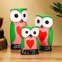 Набор сувенирный &laquo;Совята с сердечком&raquo;, h=15 см, h=13 см, h=10 см, дерево, розово-зелёный