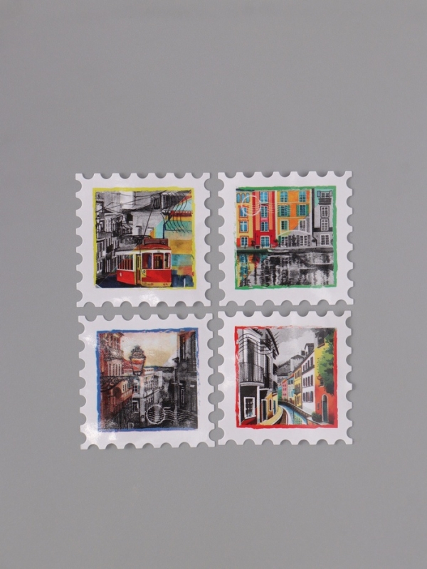 Наклейка бумага "Марки. Города" 3х3 см 200 шт в рулоне