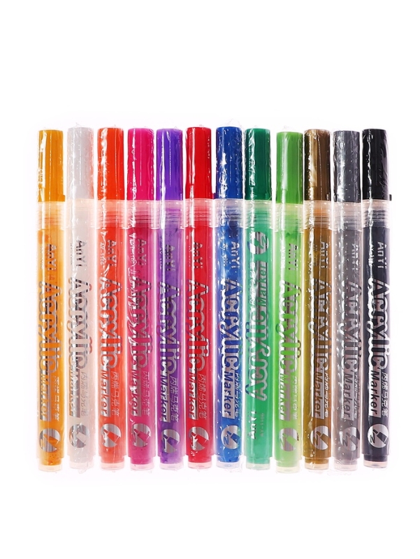 Набор акриловых маркеров 12 штук, пулевидный наконечник 2мм, толщина линии от 1мм