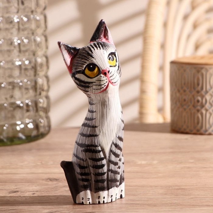 Сувенир дерево "Котёнок" серый 6х3х18 см