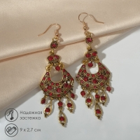 Серьги висячие со стразами «Восток» веер, цвет красный в чернёном золоте, 9см Серьги висячие со стразами «Восток» веер, цвет красный в чернёном золоте, 9см