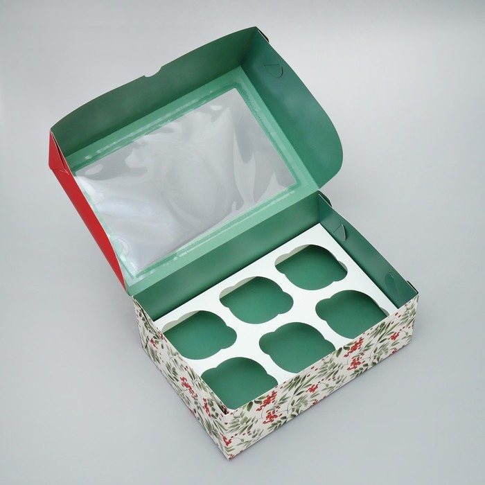 Коробка для капкейков складная с двусторонним нанесением &laquo;Снегири&raquo;, 25 х 17 х 10 см, Новый год