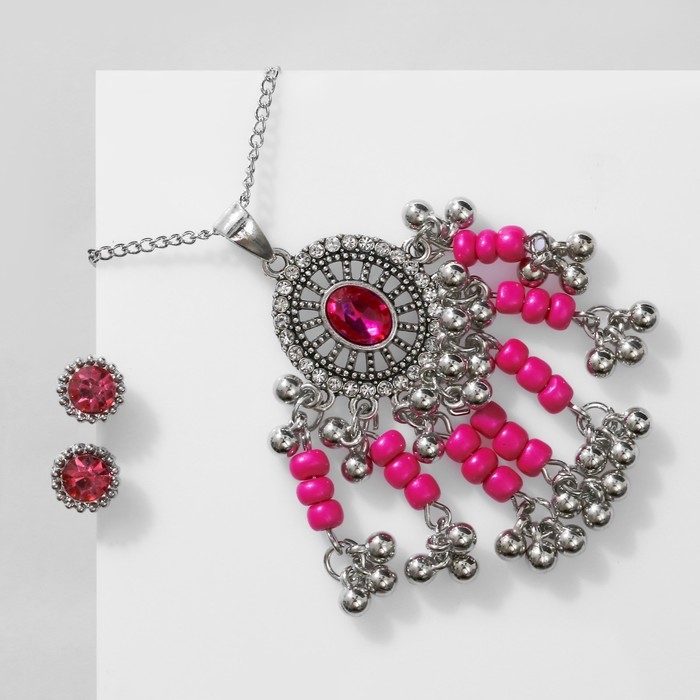 Гарнитур 2 предмета: серьги, кулон &laquo;Соло&raquo; овал, цвет малиново-белый в чернёном серебре, 48 см