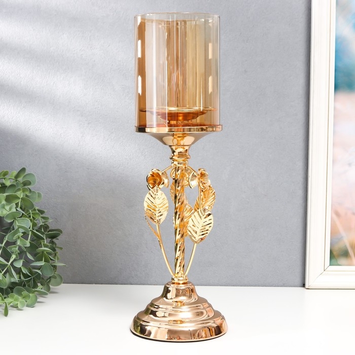 Подсвечник металл, стекло на 1 свечу "Вилас" d-8 см, золото 11,5х11,5х36,5 см