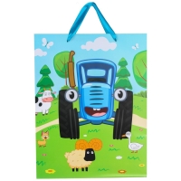 Пакет подарочный "По полям" 31х40х11.5 см, упаковка, Синий трактор