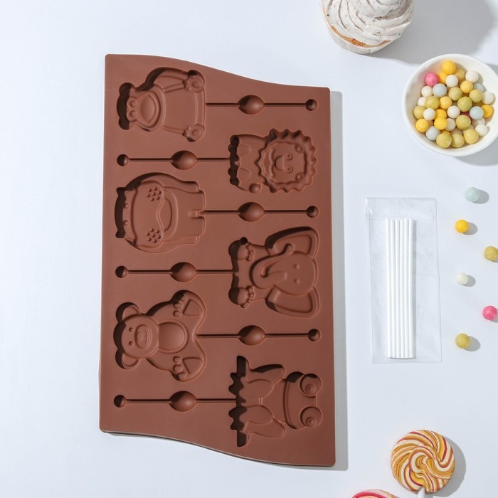 Форма для леденцов Доляна &laquo;Звери&raquo;, силикон, 27,5&times;16,5 см, 6 ячеек (6,4&times;6,4), с палочками, цвет МИКС