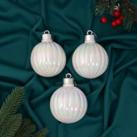 Набор шаров пластик d-8 см, 3 шт "Перелив" полоски, белый перламутр Набор шаров пластик d-8 см, 3 шт "Перелив" полоски, белый перламутр