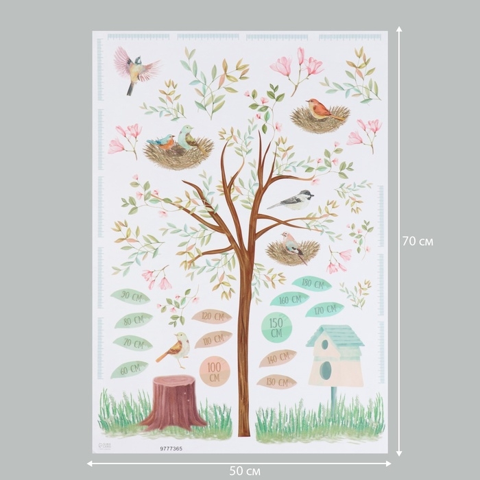 Наклейка интерьерная цветная ростомер Наклейка интерьерная цветная ростомер "Птицы в гнёздах на дереве" 50х70 см