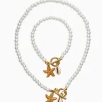 Набор 2 пред-та: бусы.браслет "Жемчуг", звезда, цвет белый в золоте L=18/42см №6