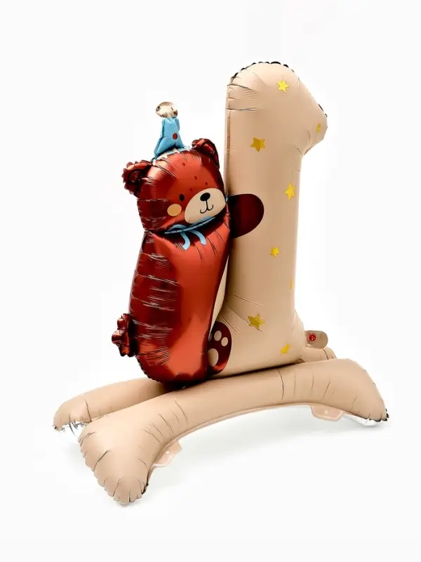 Воздушный шар фольгированный 32" "Цифра 1 с мишкой"  цвет бежевый, под воздух