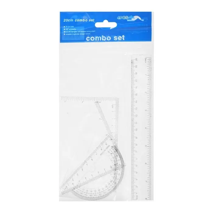 Набор чертёжный, прозрачный, 4 предмета (линейка 20 см, угольник 14 см/ 30&deg;, угольник 10 см/ 45&deg;, транспортир)