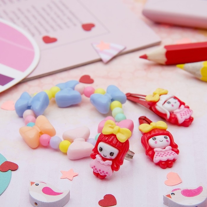 Набор детский &laquo;Выбражулька&raquo; 4 предмета: 2 заколки, браслет, кольцо &laquo;Бантики&raquo;, цвет МИКС, форма МИКС