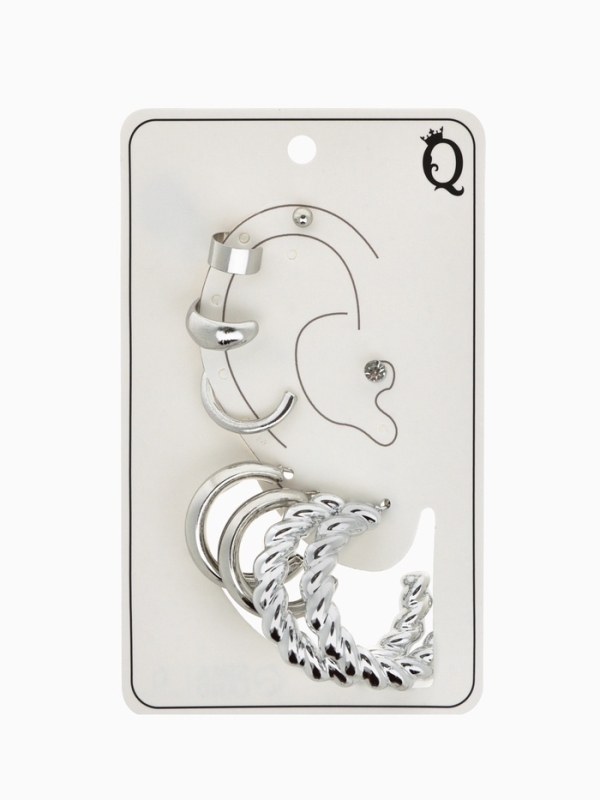 Набор серьги и каффы 9 шт. &laquo;Кольца&raquo; переплетение, цвет серебро