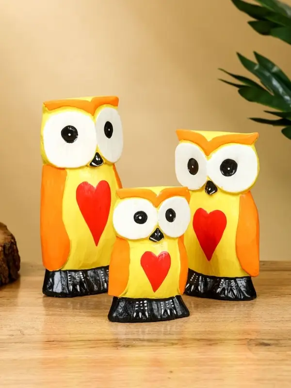 Набор сувенирный &laquo;Совята с сердечком&raquo;, h=15 см, h=12.5 см, h=9.5 см, дерево, оранжево-желтый