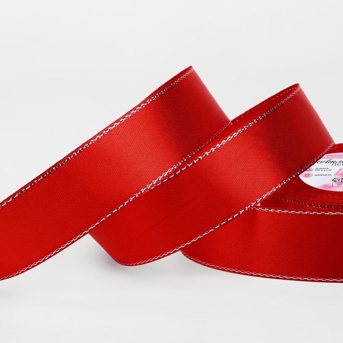 Лента атласная &laquo;Серебряные нити&raquo;, 25 мм &times; 23 &plusmn; 1 м, цвет красный №026