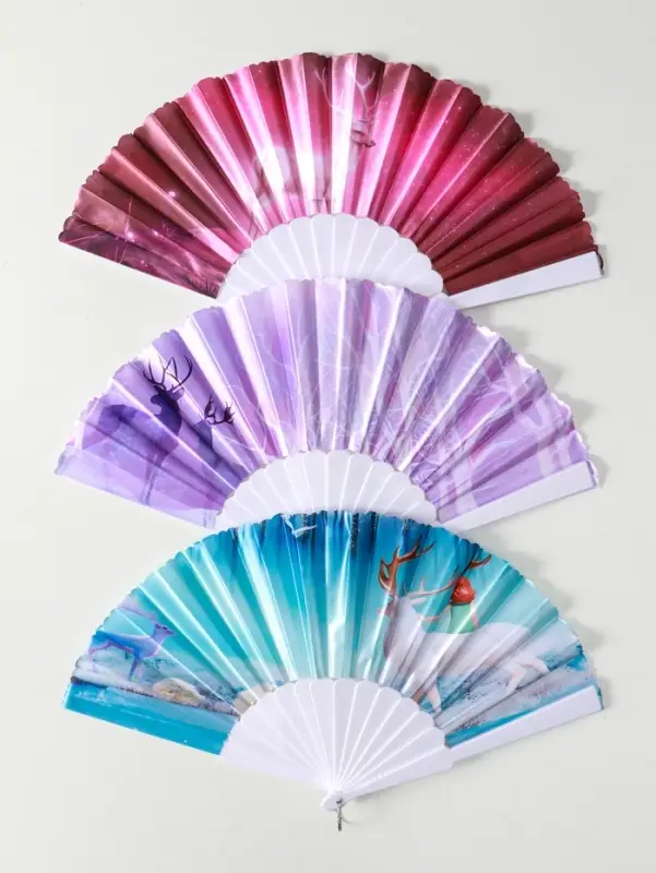 Веер пластик, текстиль "Олени" МИКС широкие лопасти 23 см