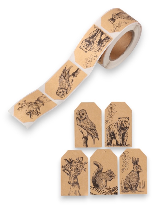 Наклейка бумага крафт "Бирки. Лесные животные" 3х5 см 200 шт в рулоне
