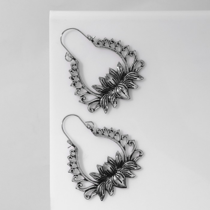 Серьги металл &laquo;Восток&raquo; лотос, цвет чернёное серебро