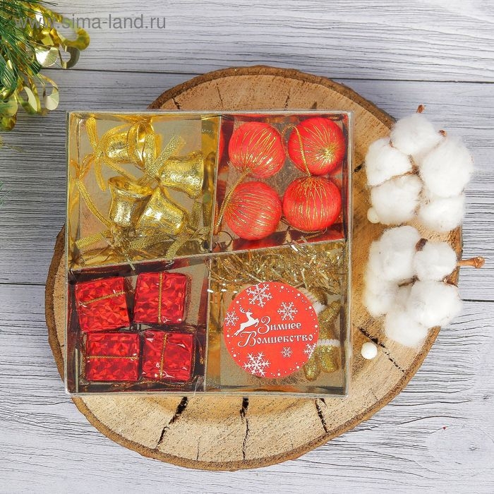 Набор украшений пластик 14 шт Набор украшений пластик 14 шт "Сюрприз" (4 колокольчика, 4 шара, 4 подарка, 2 Деда) золото, красный