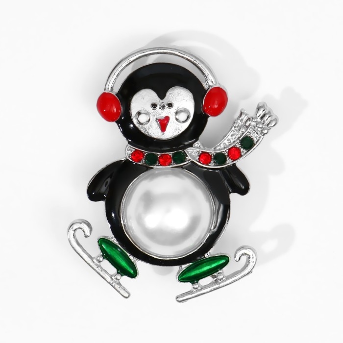 Новый год! Брошь &laquo;Пингвин танцующий&raquo;, цветная в серебре