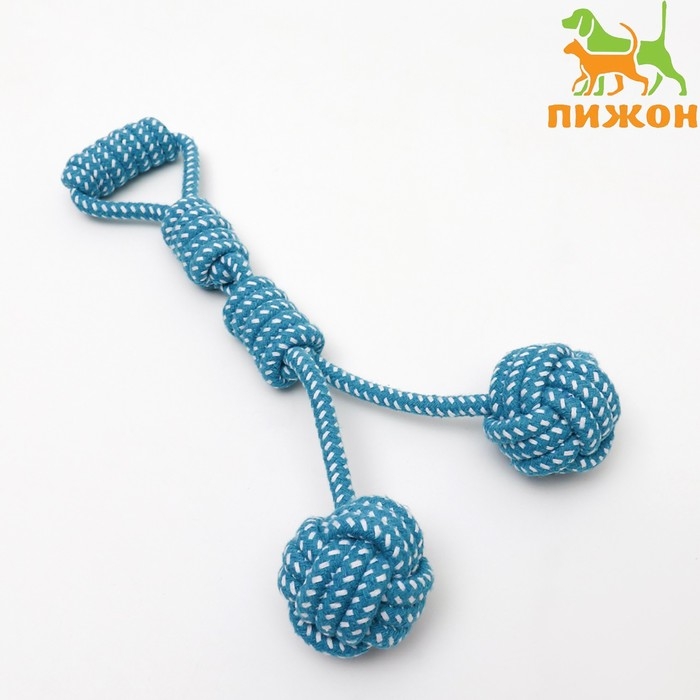 Игрушка канатная с ручкой и мячами "Дуэт", до 35 см, до 180 г, голубая/белая