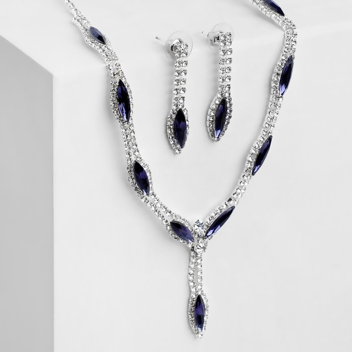 Набор 2 предмета: серьги, колье &laquo;Листопад&raquo; тонкий ромб, цвет сине-белый в серебре, 45 см