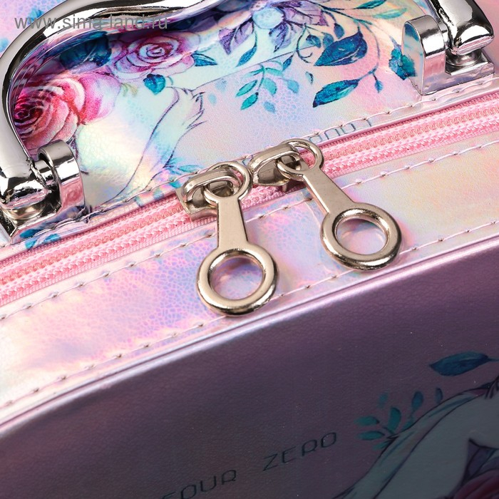 Шкатулка кожзам для косметики "Единорог в цветах" перламутр 11х18х25,5 см