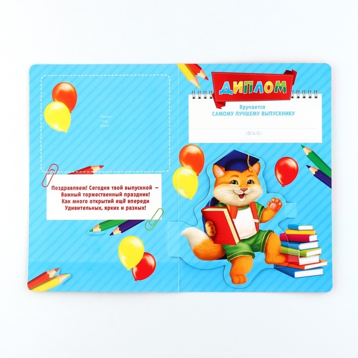 Диплом и медаль на Выпускной детского сада &laquo;Котик&raquo;, 13,7 х 20,8 см, 250 гр/кв.м