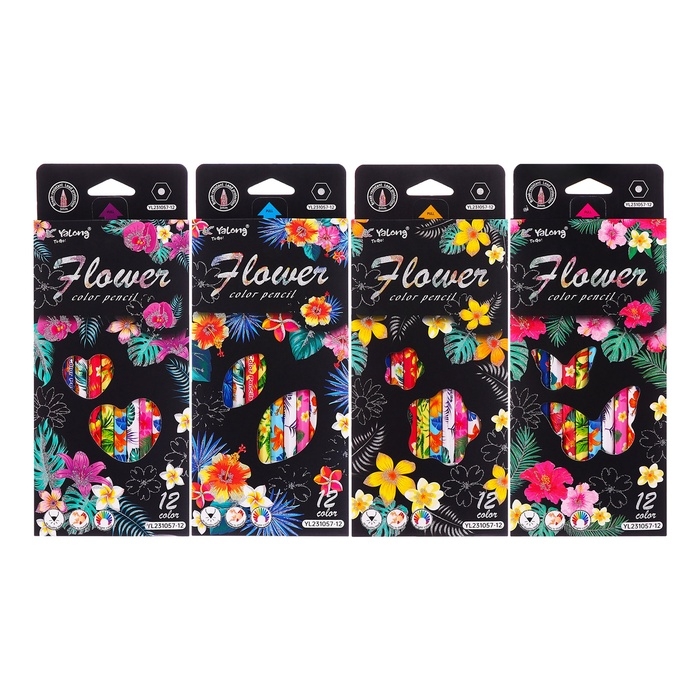 Карандаши 12 цветов в картонной коробке, шестигранные, деревянные,Цветы на чёрном МИКС