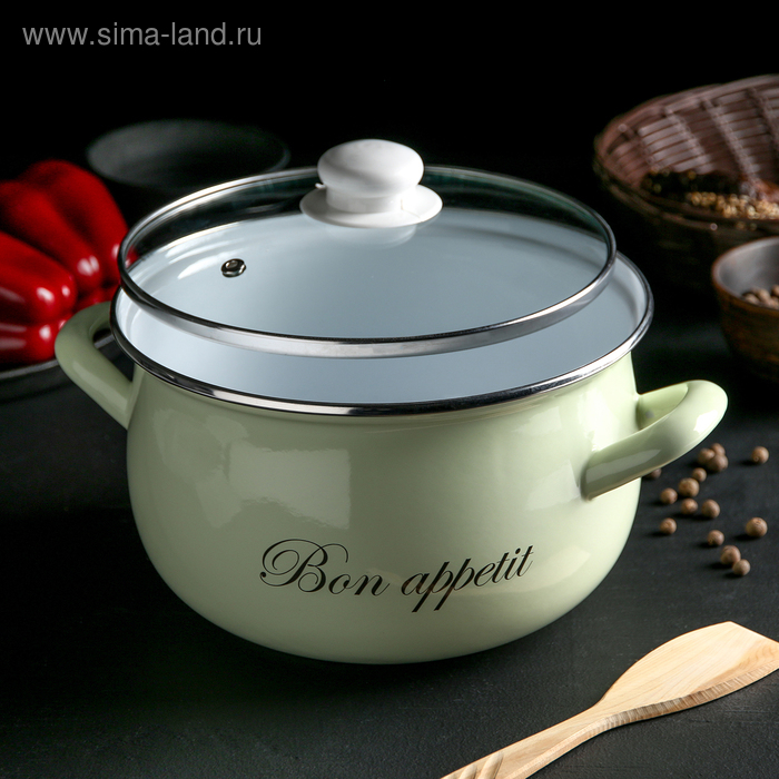 Кастрюля эмалированная &laquo;Лайм&raquo;, 4 л, стеклянная крышка, индукция, цвет светло-зелёный