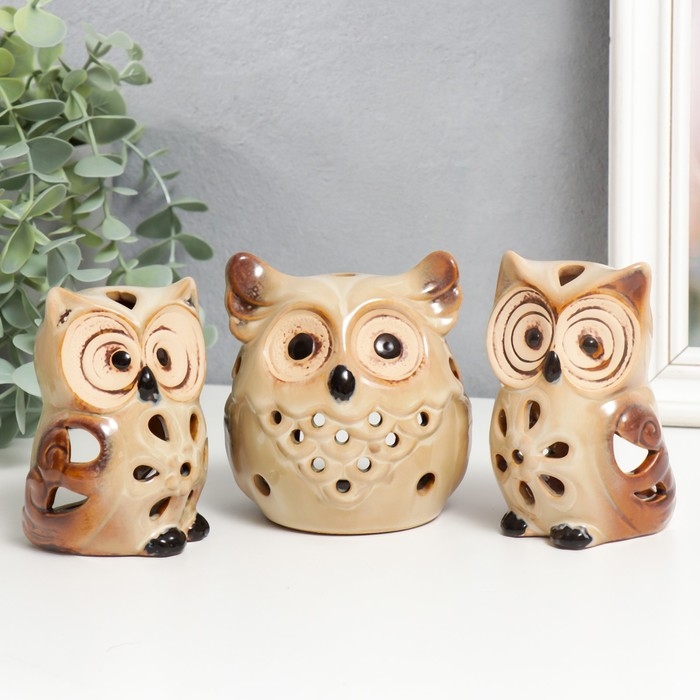 Подсвечник керамика "Филины - ажур" набор 3 шт 9,5х7х7 10х9х7,5х10х6,5х7 см