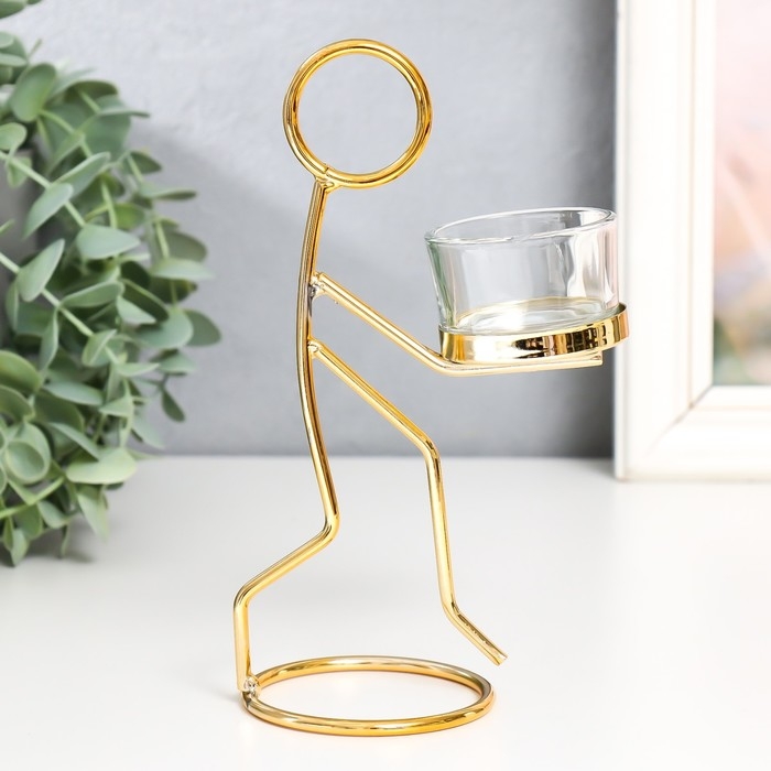 Подсвечник металл, стекло на 1 свечу "Человечек" d-4,5 см золото 7,5х7,5х18,5 см