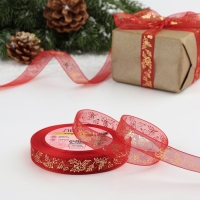 Новый год! Лента капроновая с тиснением &laquo;Омела&raquo;, 15 мм &times; 23 &plusmn; 1 м, цвет красный/золотой