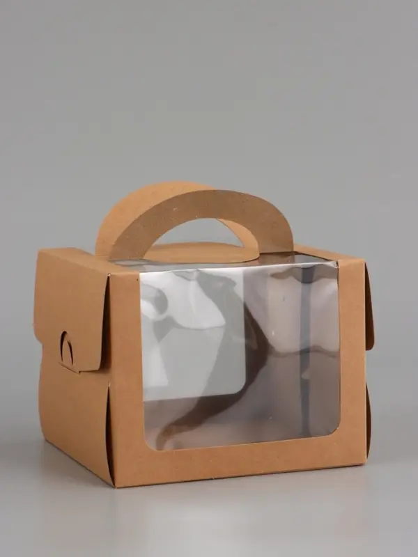 Коробка под бенто-торт с окном, КРАФТ 16 х 16 х 12,5 см