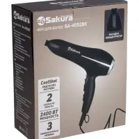 Фен Sakura SA-4052BK, 2400 Вт, 1.8 м, 3 температурных режима, 2 скорости, сушка холодным воздухом