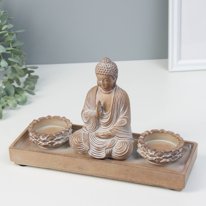 Сувенир полистоун подсвечник на 2 свечи Сувенир полистоун подсвечник на 2 свечи "Будда - медитация" под серебро 8,7х24,3х15 см