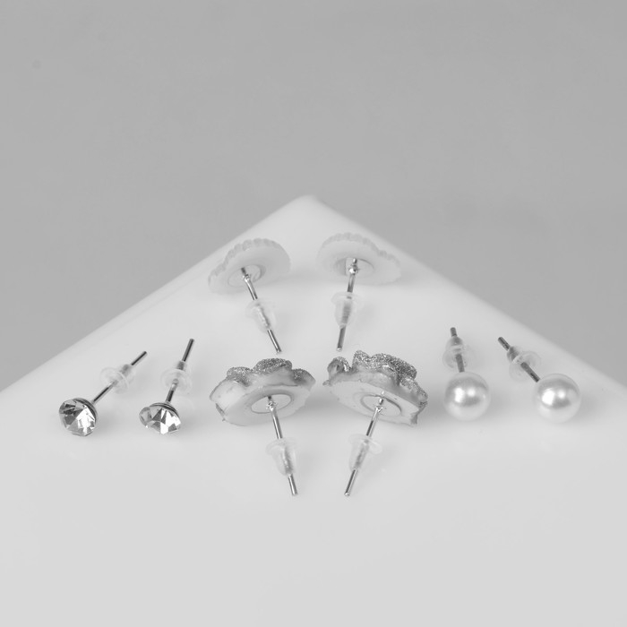 Пусеты 4 пары &laquo;Романтика&raquo; винтажная роза, цвет бело-серый в серебре