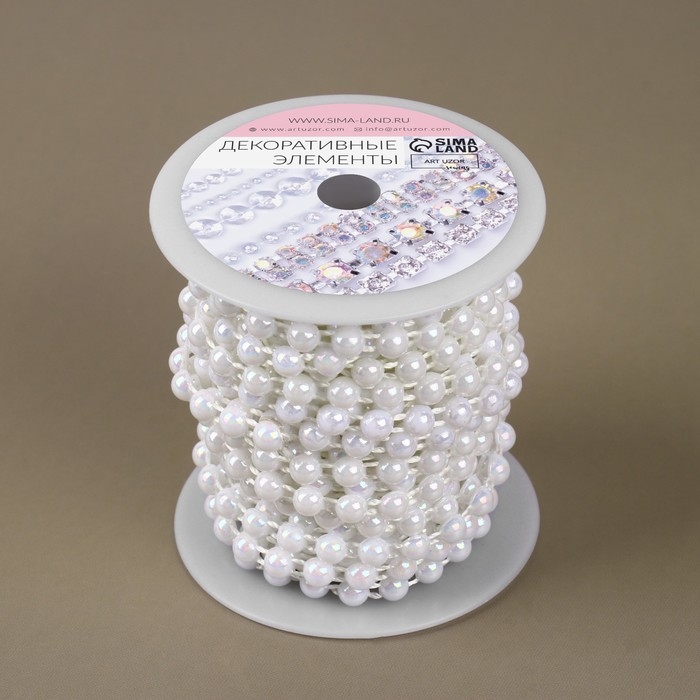 Жемчуг на нитях, с голографией, плоский, 6 мм, 9 &plusmn; 1 м, цвет белый