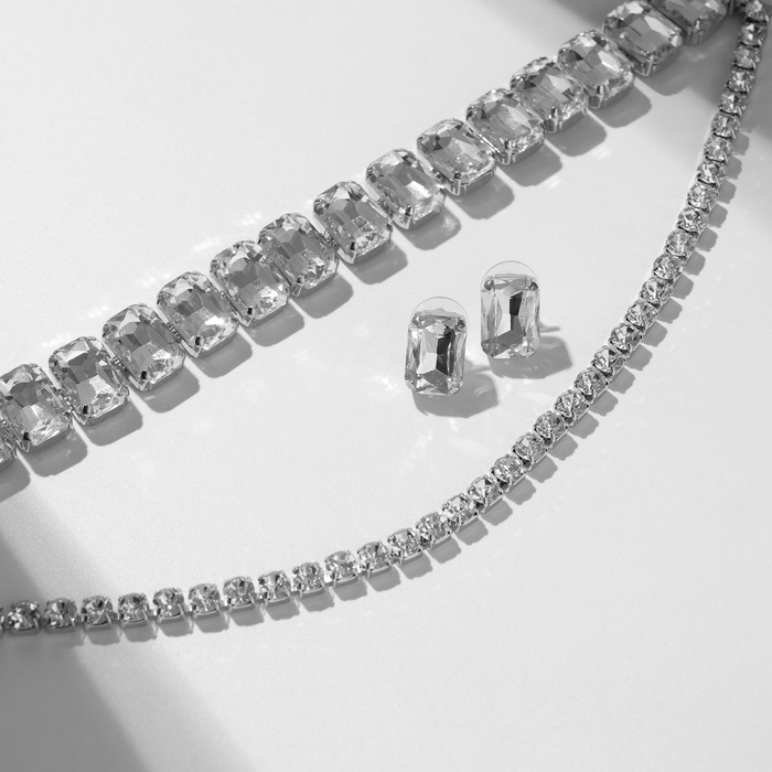 Набор 2 предмета; серьги, колье &laquo;Сияй&raquo; крупные стразы, цвет белый в серебре