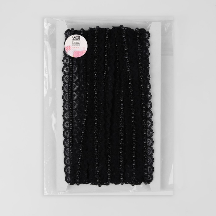 Рюш кружевной, с бусинами, 17 мм, 4,5 &plusmn; 0,5 м, цвет чёрный