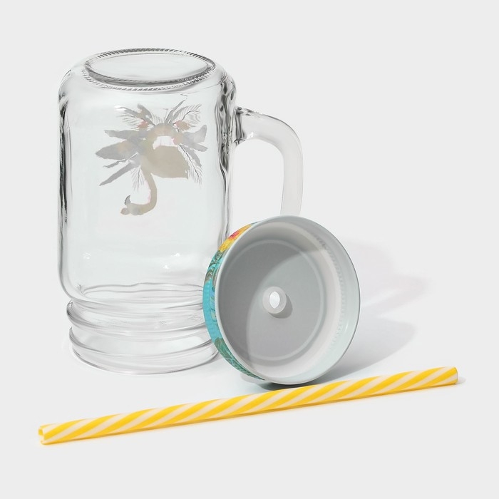 Кружка стеклянная с крышкой и трубочкой Доляна &laquo;Фламинго&raquo;, 450 мл, 10&times;7,5&times;13 см