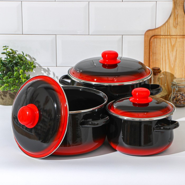 Набор кастрюль &laquo;Кармен&raquo;, 3 предмета: 2 л, 4 л, 5,5 л, индукция, цвет чёрно-красный