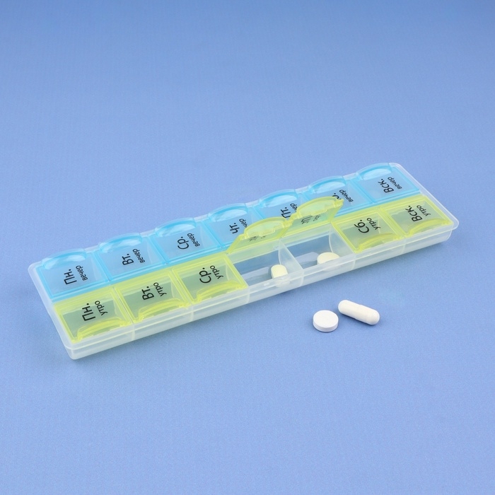 Таблетница - органайзер &laquo;Неделька&raquo;, русские буквы, утро/вечер, 21,5 &times; 6,5 &times; 2 см, 14 секций, цвет жёлтый/голубой