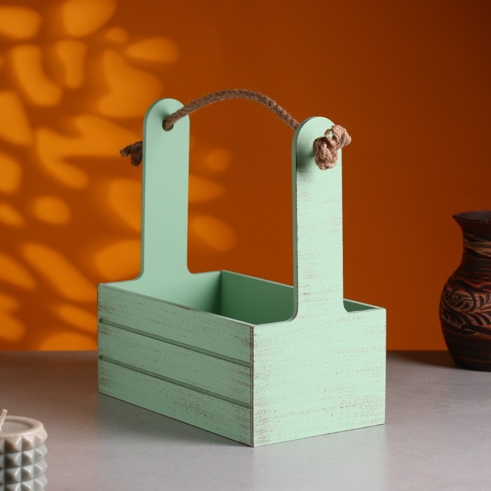 Кашпо деревянное 25.5&times;15&times;30 см "Аром", ручка канат, Оливковый Прованс