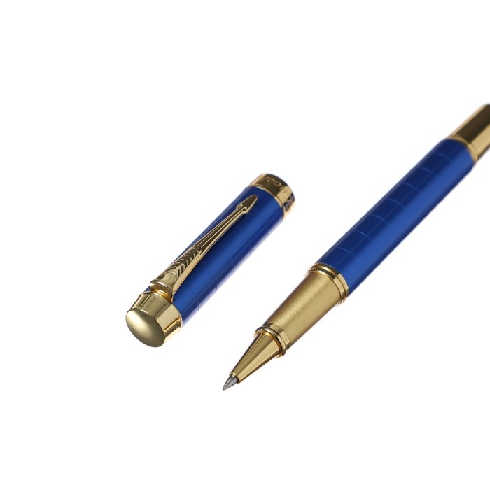 Ручка подарочная роллер, в кожзам футляре, корпус синий, золото