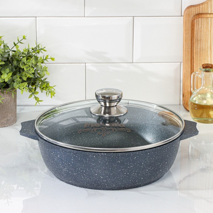 Жаровня &laquo;Гранит&raquo;, 3 л, d=26 см, h=8 см, антипригарное покрытие, стеклянная крышка, цвет серый