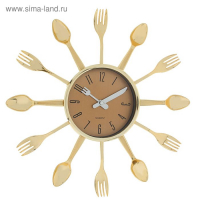Часы настенные интерьерные, для кухни, &laquo;Вилки, ложки&raquo;, плавный ход, d=12 см, 33&times;33 см, золотистые