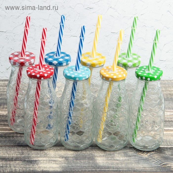 Бутыль стеклянная с крышкой и трубочкой &laquo;Соты&raquo;, 300 мл, 6,5&times;15,5 см, цвет МИКС