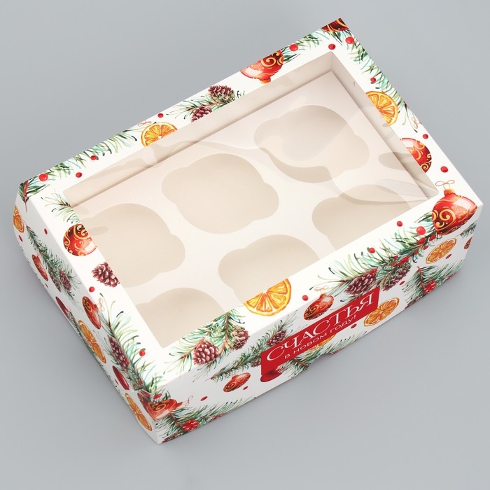 Коробка складная на 6 капкейков с окном &laquo;Счастья в новом году&raquo;, 25 х 17 х 10 см, Новый год