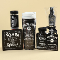 Гифтбокс &laquo;Крутой мужик 100%&raquo;, чай 50 г., термостакан 350 мл., драже шоколадное 80 г., шоколад 4 шт. х 5 г., леденец 30 г.